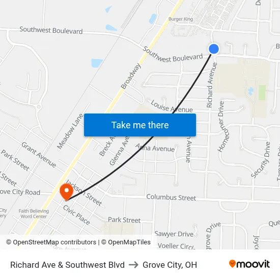 Richard Ave & Southwest Blvd to Grove City, OH map