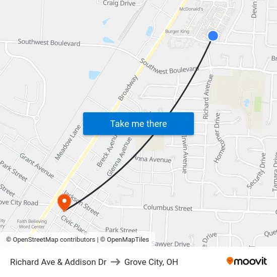 Richard Ave & Addison Dr to Grove City, OH map