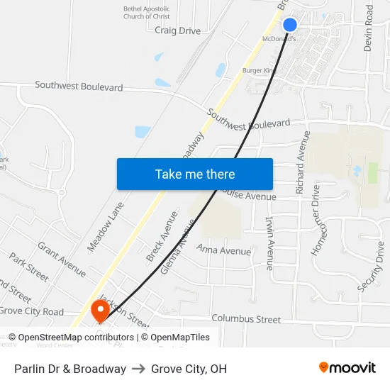 Parlin Dr & Broadway to Grove City, OH map