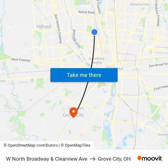 W North Broadway & Clearview Ave to Grove City, OH map