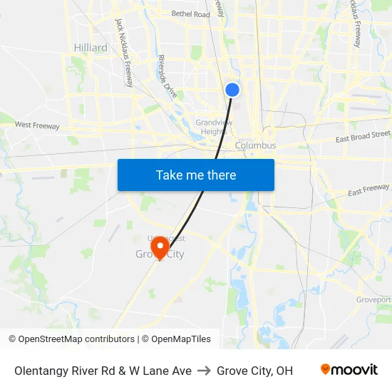 Olentangy River Rd & W Lane Ave to Grove City, OH map