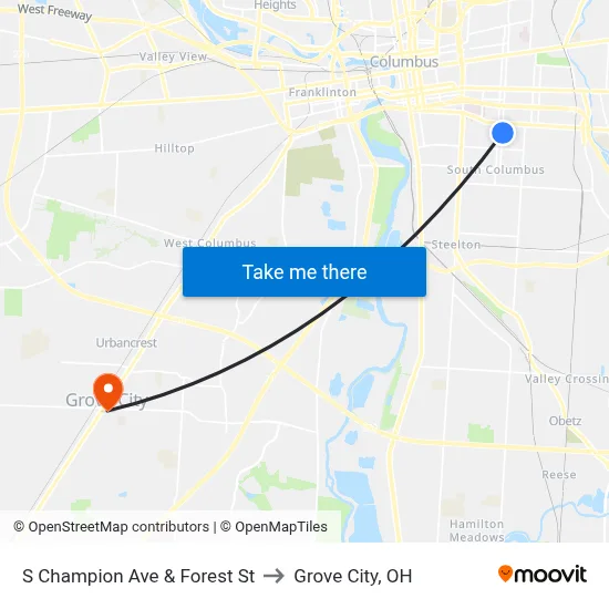S Champion Ave & Forest St to Grove City, OH map