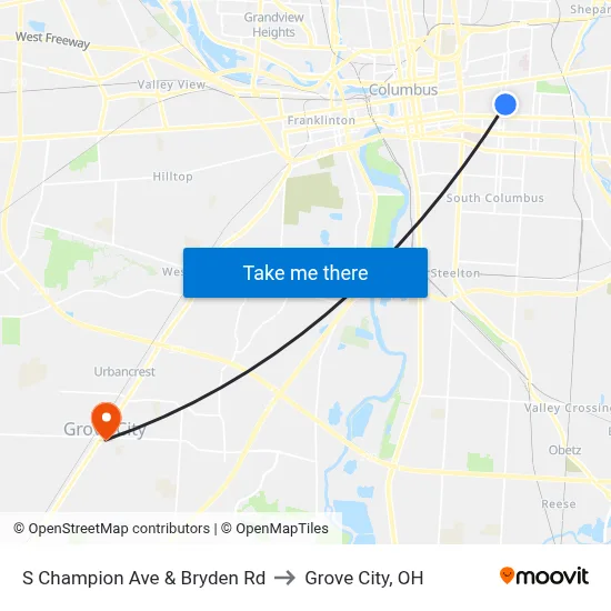 S Champion Ave & Bryden Rd to Grove City, OH map