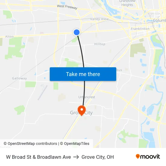 W Broad St & Broadlawn Ave to Grove City, OH map
