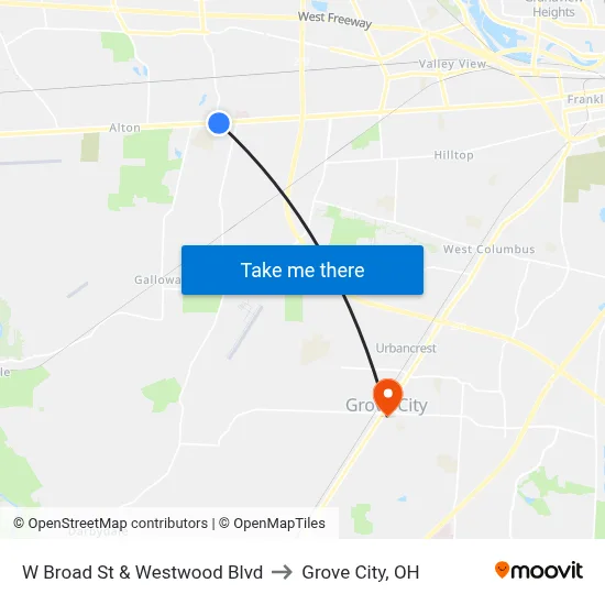 W Broad St & Westwood Blvd to Grove City, OH map