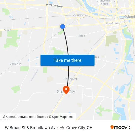 W Broad St & Broadlawn Ave to Grove City, OH map