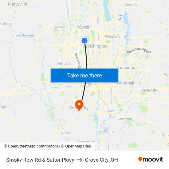 Smoky Row Rd & Sutter Pkwy to Grove City, OH map
