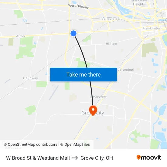 W Broad St & Westland Mall to Grove City, OH map