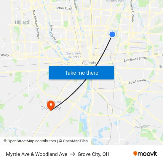 Myrtle Ave & Woodland Ave to Grove City, OH map