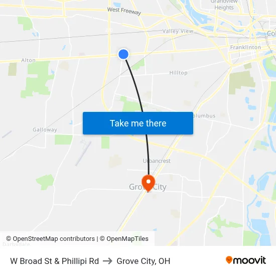 W Broad St & Phillipi Rd to Grove City, OH map