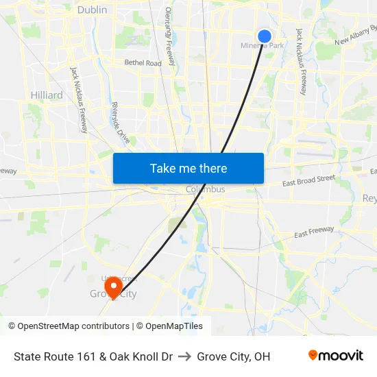 State Route 161 & Oak Knoll Dr to Grove City, OH map