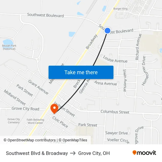 Southwest Blvd & Broadway to Grove City, OH map