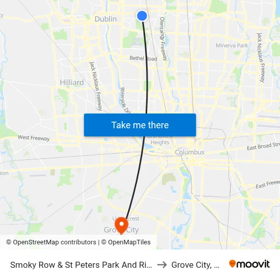 Smoky Row & St Peters Park And Ride to Grove City, OH map