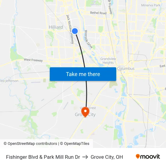Fishinger Blvd & Park Mill Run Dr to Grove City, OH map