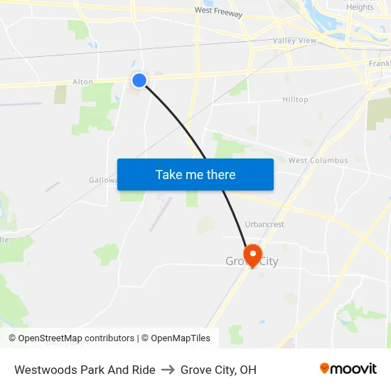 Westwoods Park And Ride to Grove City, OH map