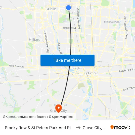 Smoky Row & St Peters Park And Ride to Grove City, OH map