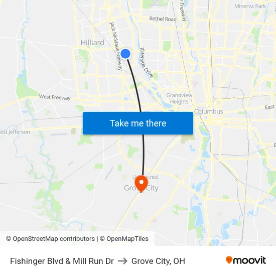Fishinger Blvd & Mill Run Dr to Grove City, OH map