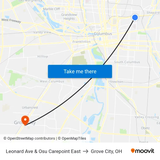 Leonard Ave & Osu Carepoint East to Grove City, OH map