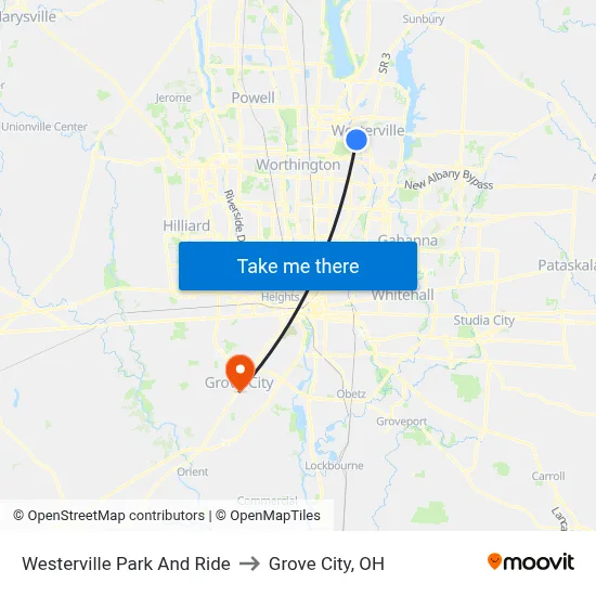Westerville Park And Ride to Grove City, OH map