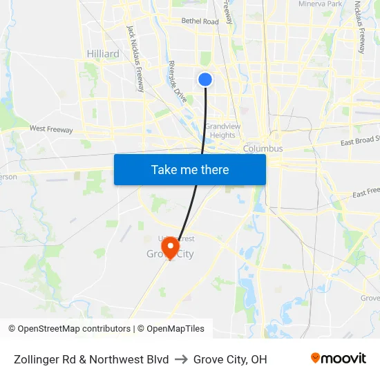 Zollinger Rd & Northwest Blvd to Grove City, OH map