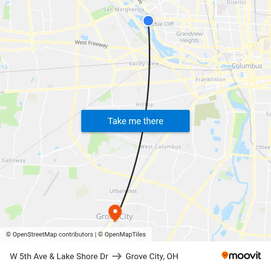W 5th Ave & Lake Shore Dr to Grove City, OH map