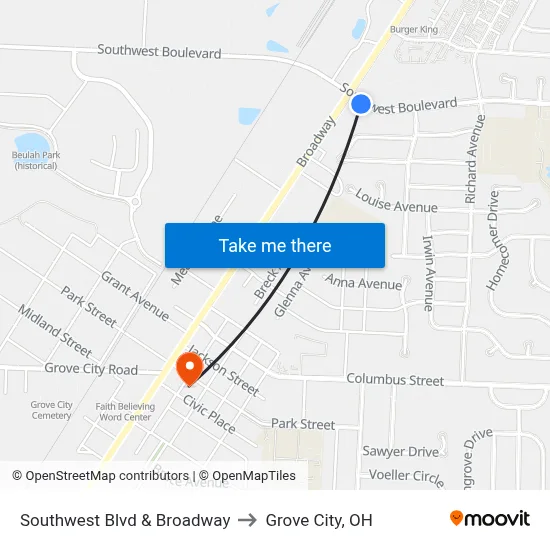 Southwest Blvd & Broadway to Grove City, OH map