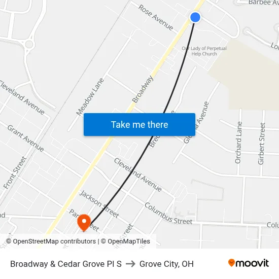 Broadway & Cedar Grove Pl S to Grove City, OH map