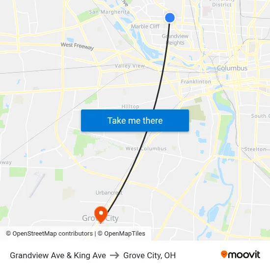 Grandview Ave & King Ave to Grove City, OH map