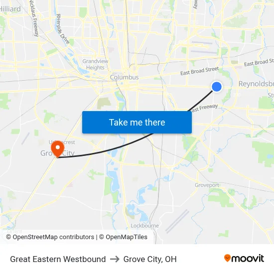 Great Eastern Westbound to Grove City, OH map