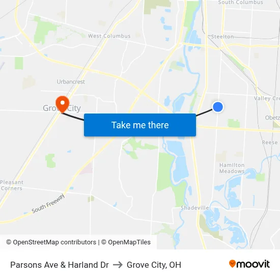 Parsons Ave & Harland Dr to Grove City, OH map