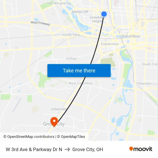 W 3rd Ave & Parkway Dr N to Grove City, OH map