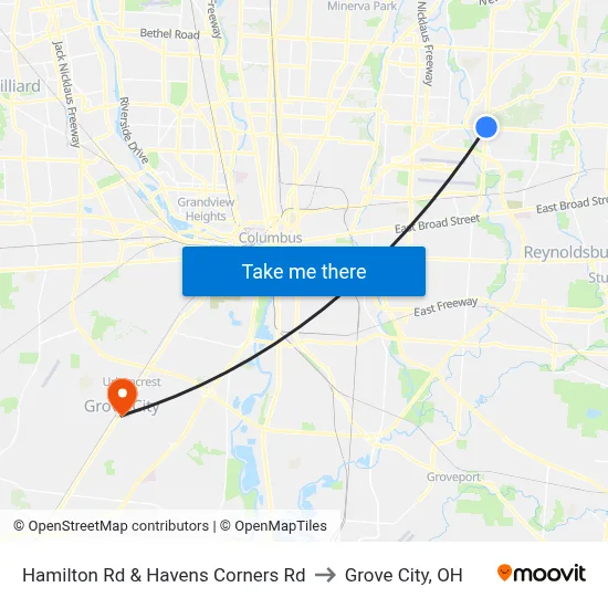 Hamilton Rd & Havens Corners Rd to Grove City, OH map