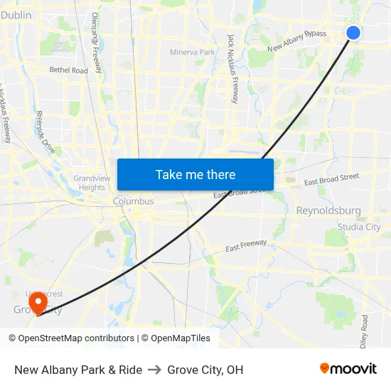 New Albany Park & Ride to Grove City, OH map