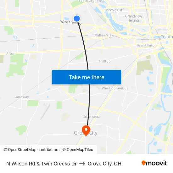 N Wilson Rd & Twin Creeks Dr to Grove City, OH map