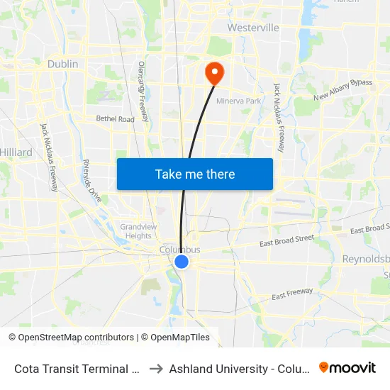 Cota Transit Terminal Bay 3 to Ashland University - Columbus map