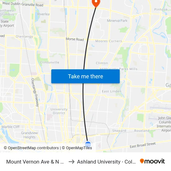 Mount Vernon Ave & N 18th St to Ashland University - Columbus map