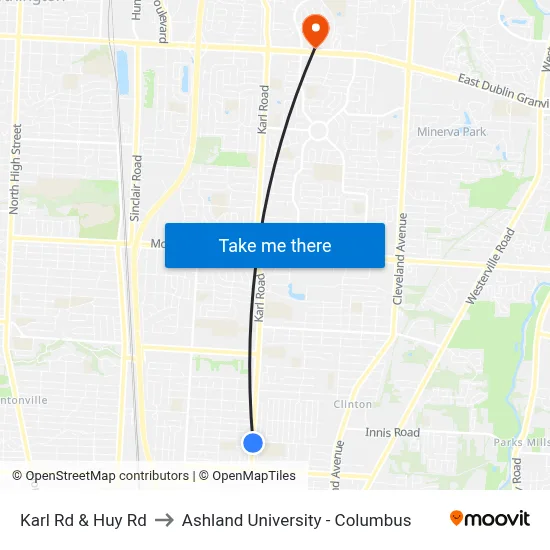 Karl Rd & Huy Rd to Ashland University - Columbus map