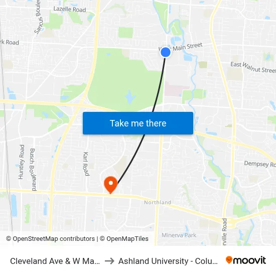 Cleveland Ave & W Main St to Ashland University - Columbus map