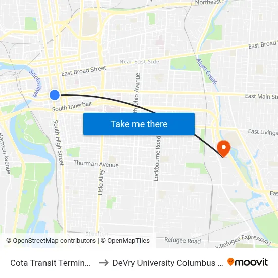 Cota Transit Terminal Bay 3 to DeVry University Columbus Campus map