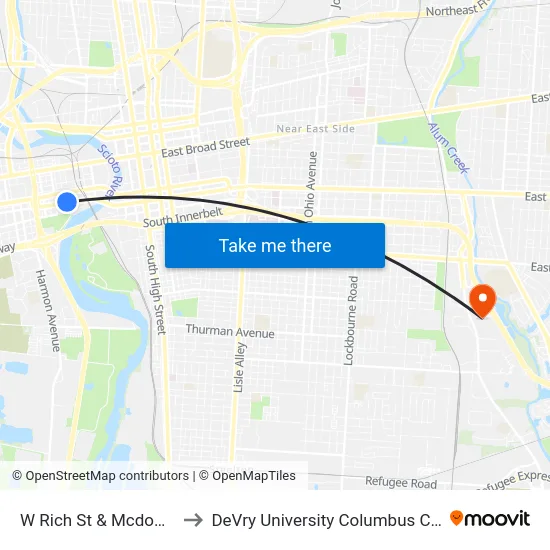 W Rich St & Mcdowell St to DeVry University Columbus Campus map