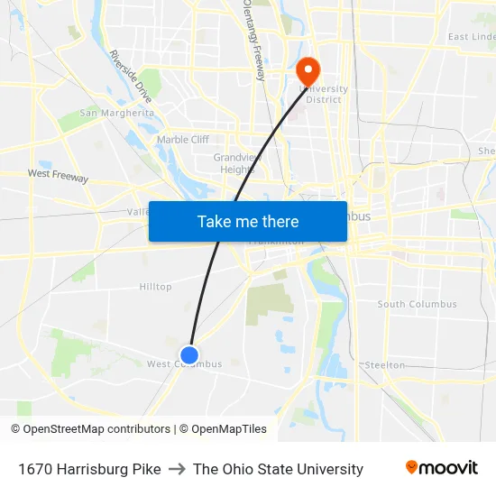 1670 Harrisburg Pike to The Ohio State University map