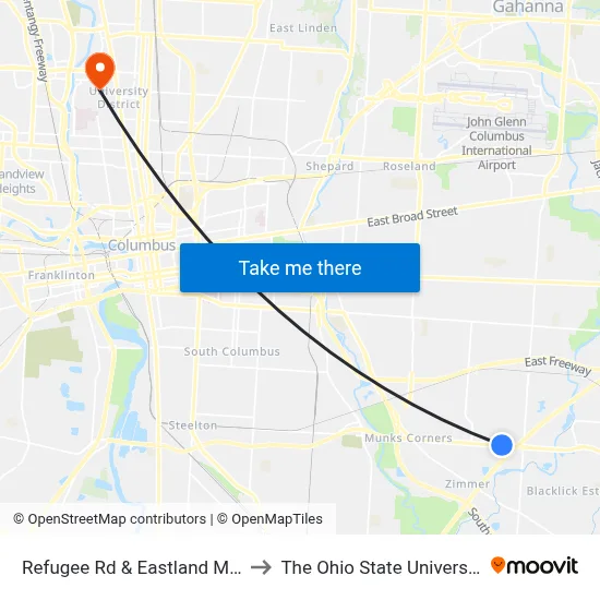 Refugee Rd & Eastland Mall to The Ohio State University map