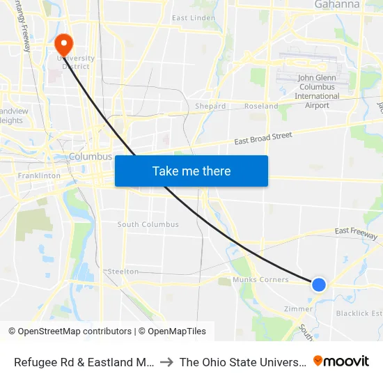 Refugee Rd & Eastland Mall to The Ohio State University map