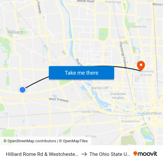Hilliard Rome Rd & Westchester Woods Blvd to The Ohio State University map