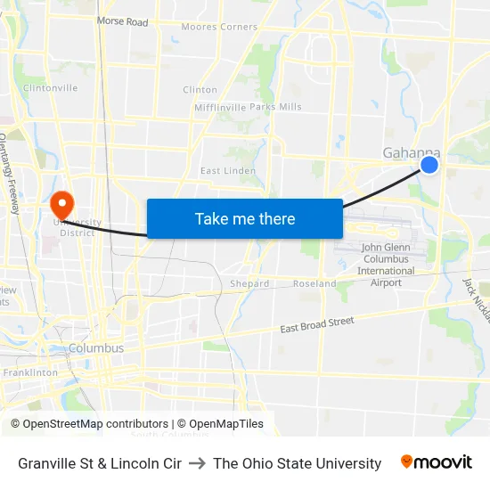Granville St & Lincoln Cir to The Ohio State University map
