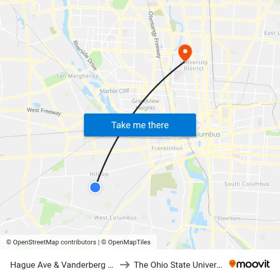 Hague Ave & Vanderberg Ave to The Ohio State University map