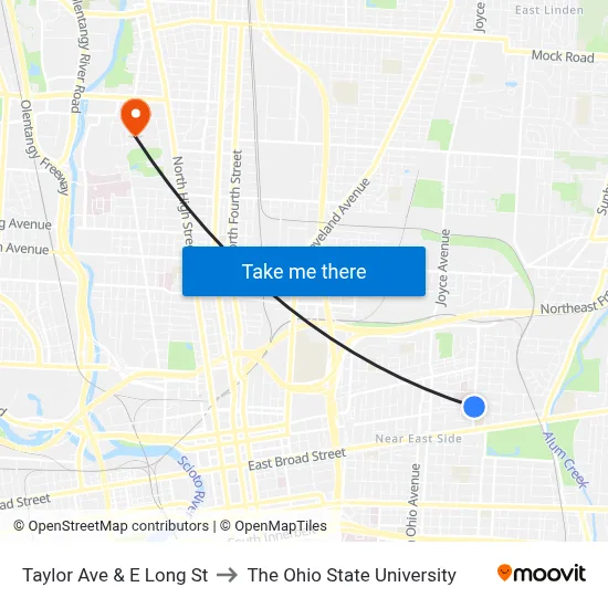 Taylor Ave & E Long St to The Ohio State University map