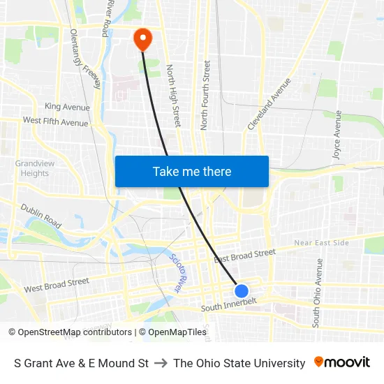 S Grant Ave & E Mound St to The Ohio State University map