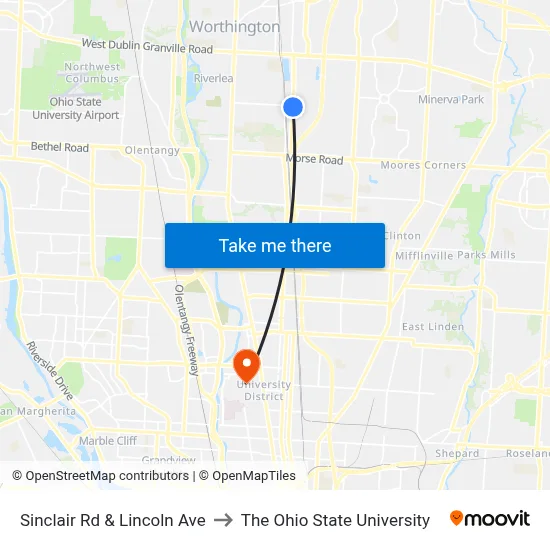 Sinclair Rd & Lincoln Ave to The Ohio State University map