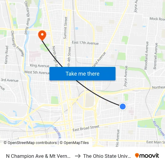 N Champion Ave & Mt Vernon Ave to The Ohio State University map